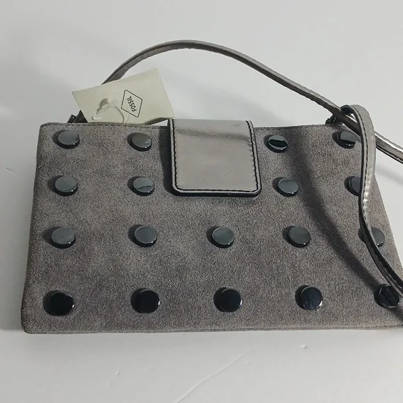 Fossil Maisie Tab Leather Crossbody Pewter Bag Gray Silver - Picture 2 of 7